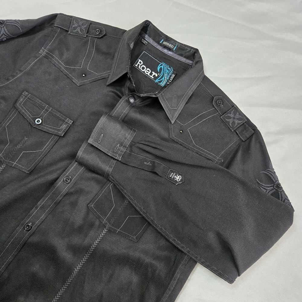 Roar Refined Shirt Mens XL Black Embroidered Cross Y2K Affliction MMA Grunge Alt